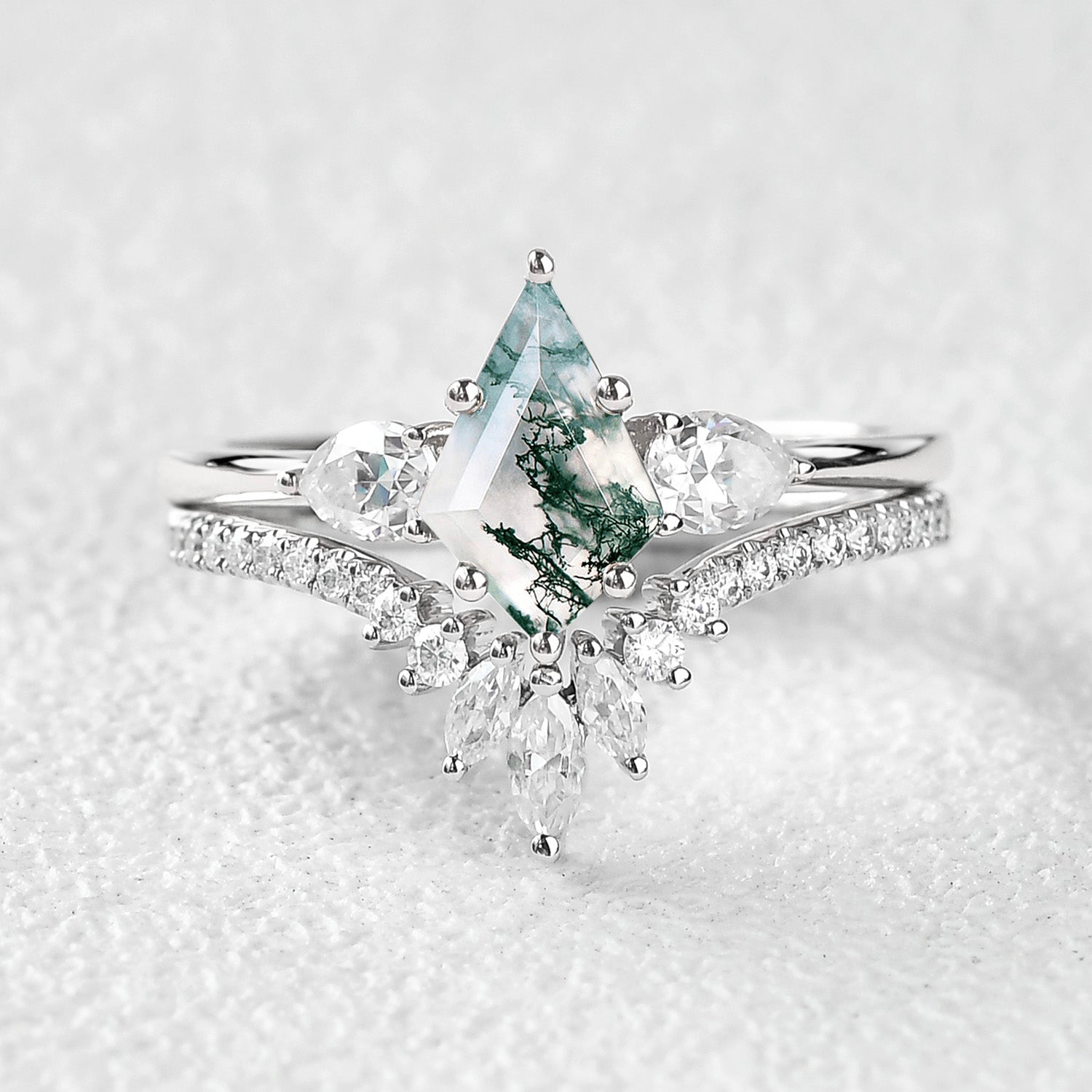 Kite Cut Green Moss Agate White Gold Engagement Ring Set 2pcs