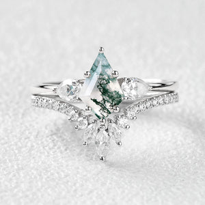 Kite Cut Green Moss Agate White Gold Engagement Ring Set 2pcs
