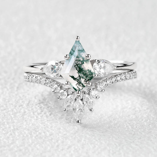 Kite Cut Green Moss Agate White Gold Engagement Ring Set 2pcs