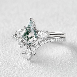 Kite Cut Green Moss Agate White Gold Engagement Ring Set 2pcs