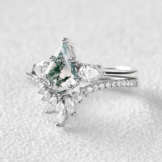 Kite Cut Green Moss Agate White Gold Engagement Ring Set 2pcs