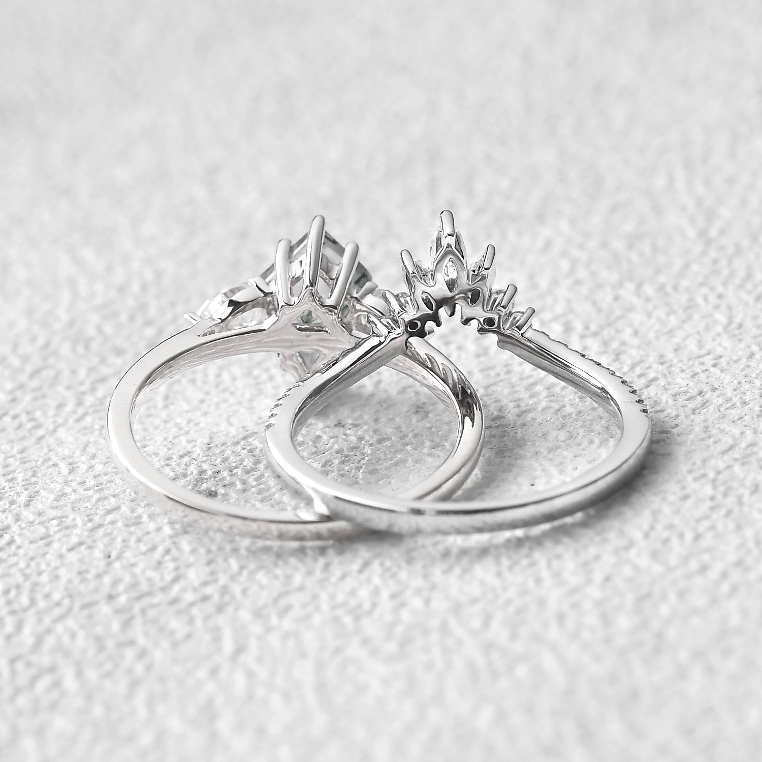 Kite Cut Green Moss Agate White Gold Engagement Ring Set 2pcs
