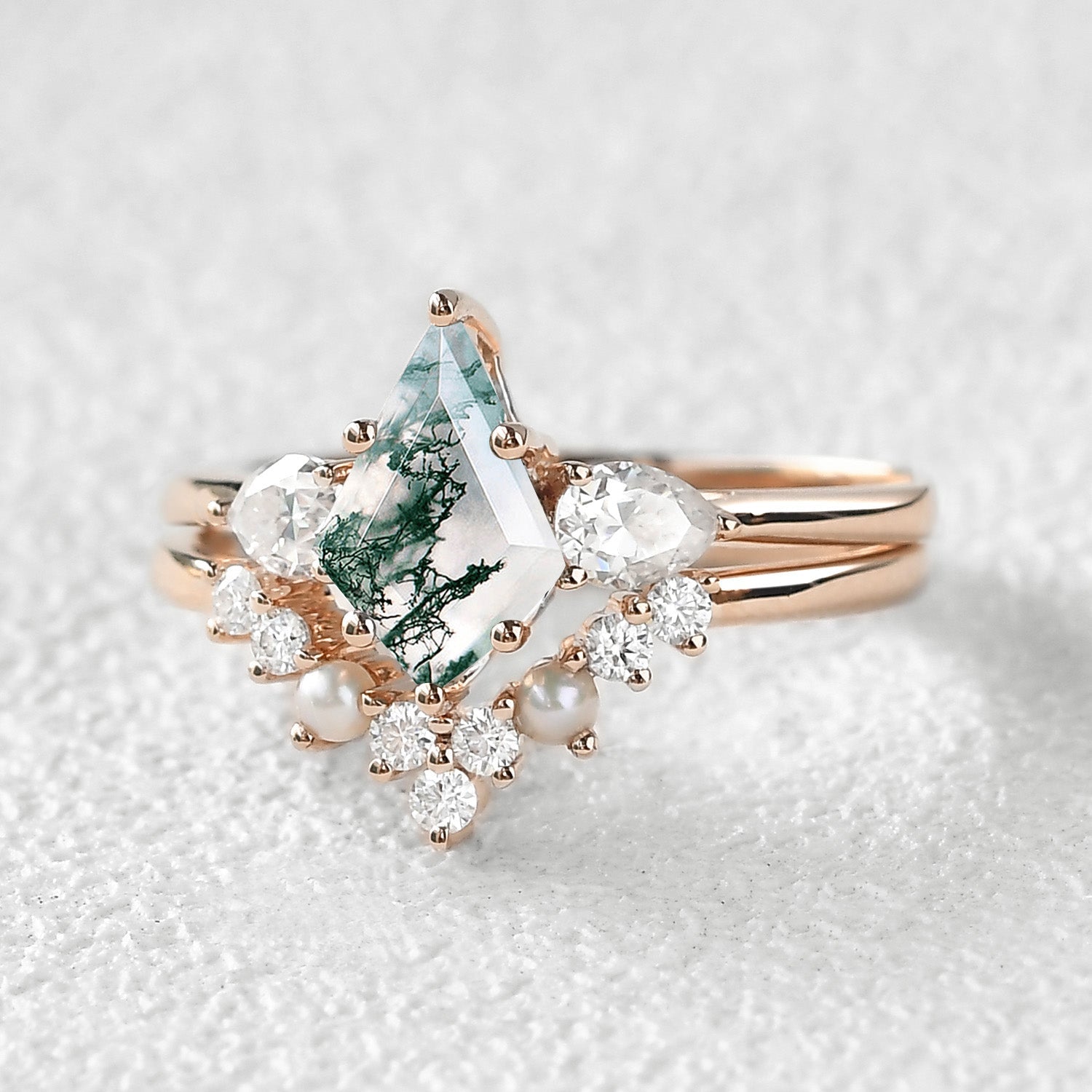 Kite Cut Moss Agate Pearl Stacking Engagement Ring Set 2pcs