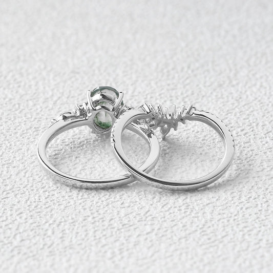 1.5ct Oval Cut Moss Agate Engagement Ring Set 2pcs - Rebecca