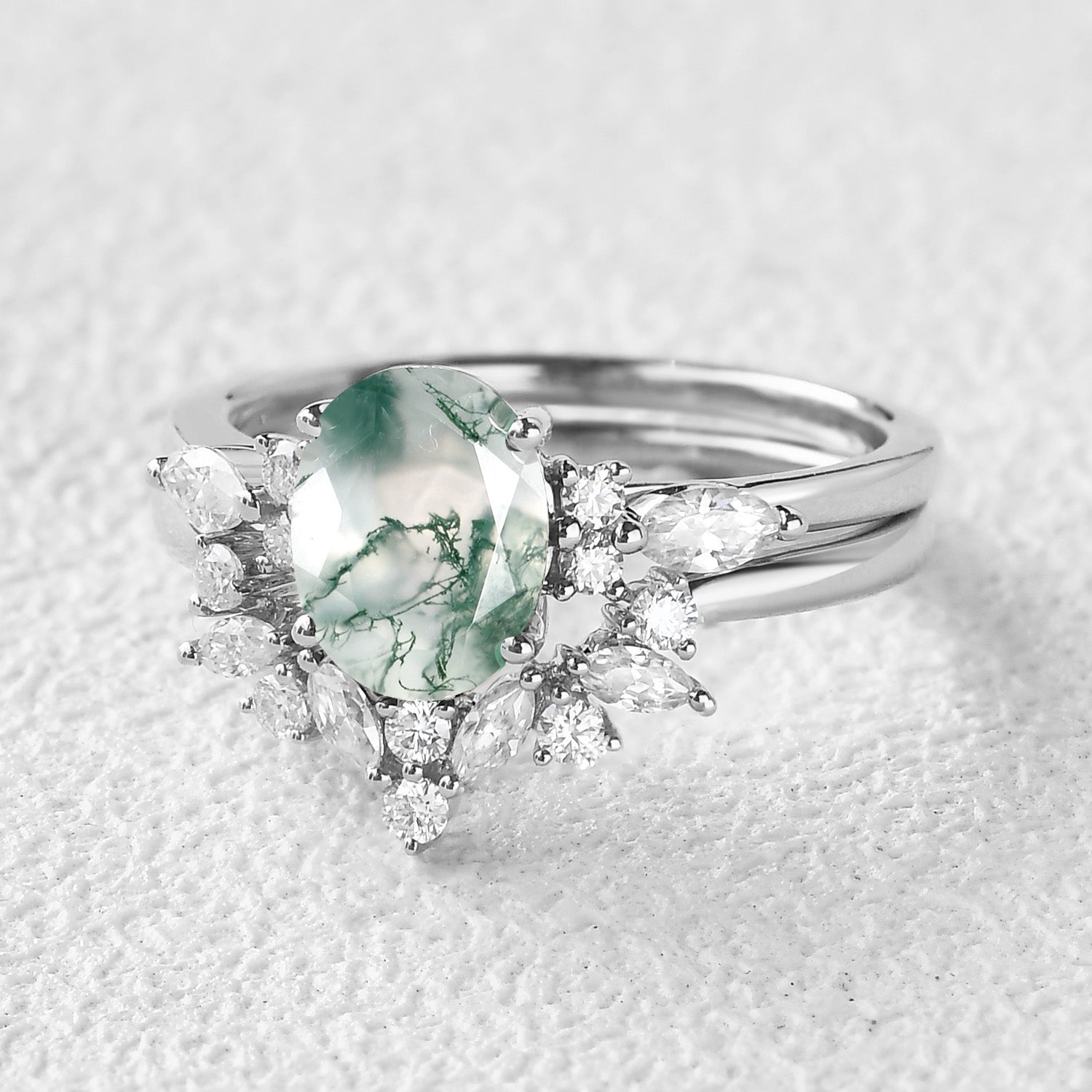 1.5ct Oval Cut Moss Agate Stacking Engagement Ring Set 2pcs
