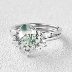 1.5ct Oval Cut Moss Agate Stacking Engagement Ring Set 2pcs