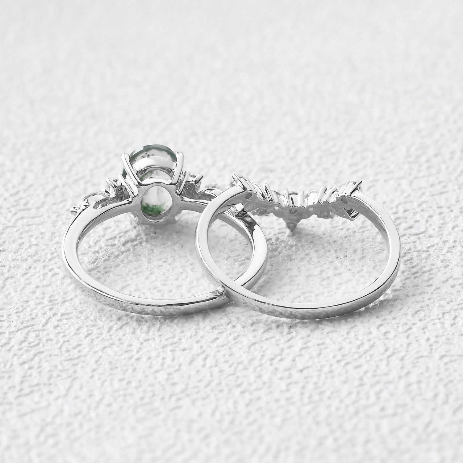 1.5ct Oval Cut Moss Agate Stacking Engagement Ring Set 2pcs