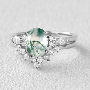 1.5ct Oval Cut Moss Agate Stacking Pearl Engagement Ring Set 2pcs
