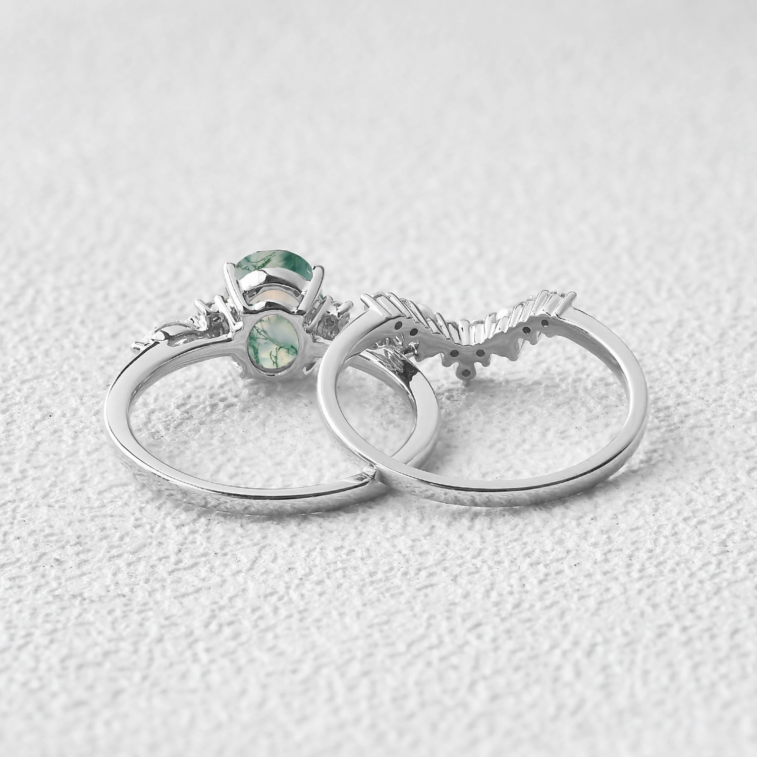 1.5ct Oval Cut Moss Agate Stacking Pearl Engagement Ring Set 2pcs