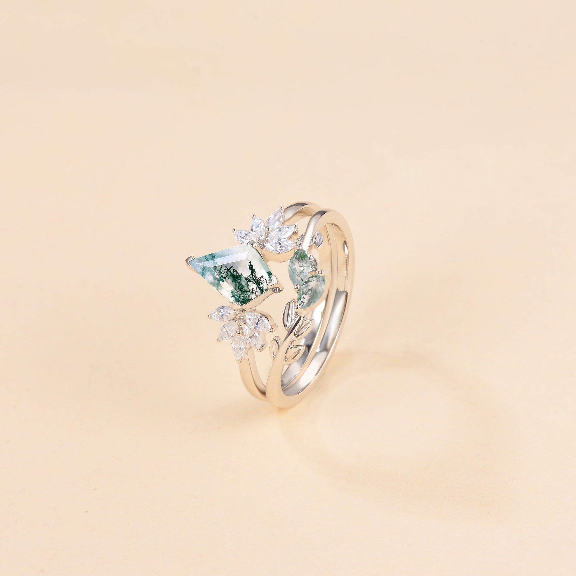 Amayah Fairy Ring Moss Agate Leafy Forest Elves Engagement Ring Set 2pcs