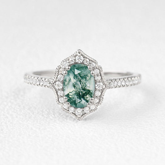 Oval Moss Agate White Gold Antique Halo Engagement Ring