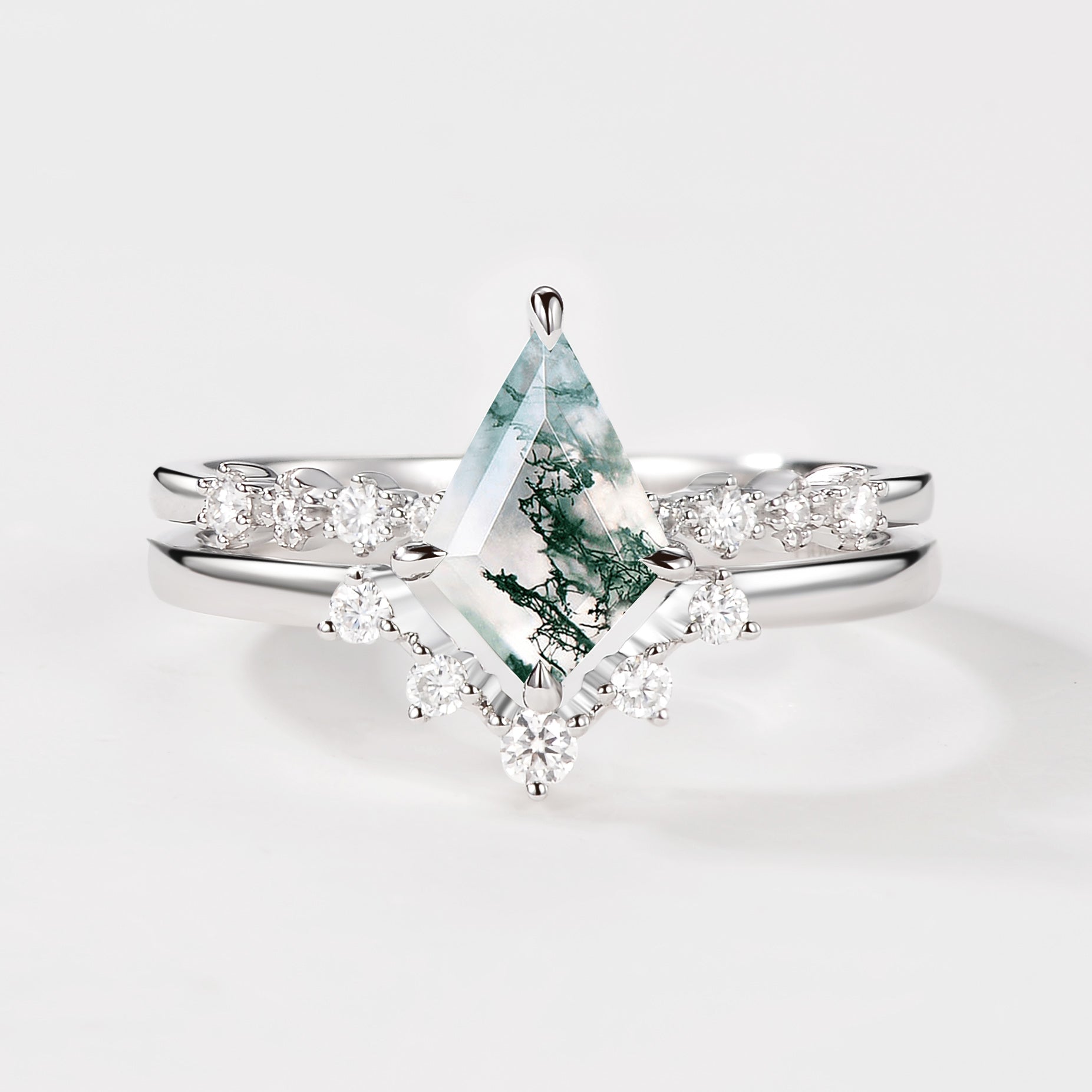 1.5ct Vintage Moss Agate Engagement Ring Set 2pcs