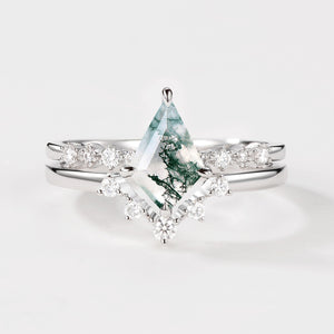 1.5ct Vintage Moss Agate Engagement Ring Set 2pcs
