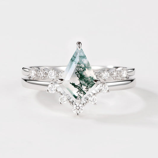 1.5ct Vintage Moss Agate Engagement Ring Set 2pcs