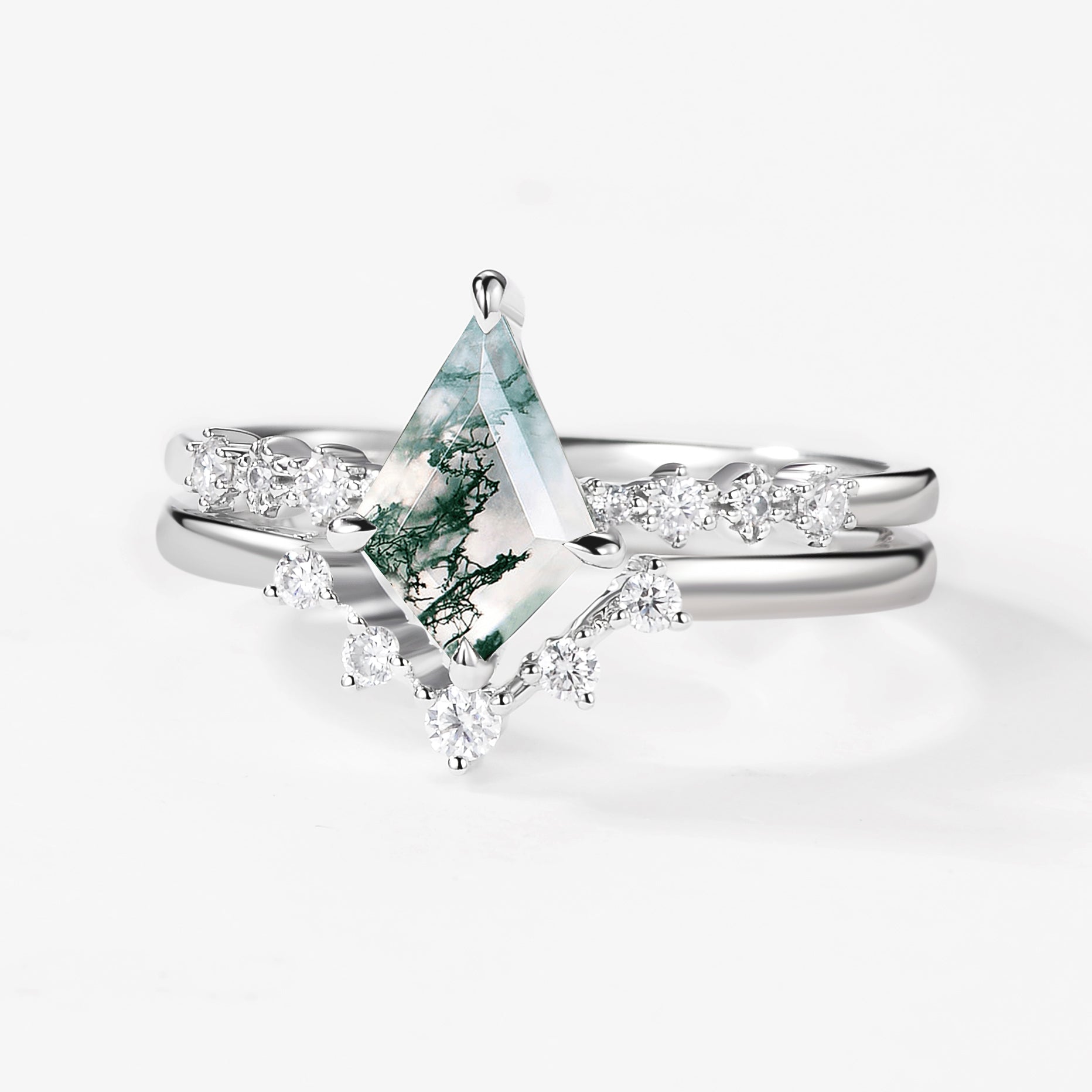 1.5ct Vintage Moss Agate Engagement Ring Set 2pcs
