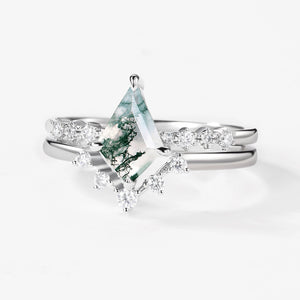 1.5ct Vintage Moss Agate Engagement Ring Set 2pcs