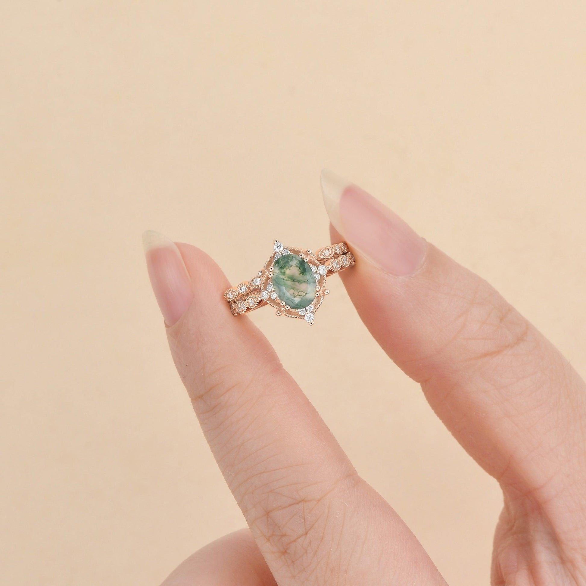 Nature Inspired Oval Cut Moss Agate Cluster Leafy Engagement Ring Set 2pcs