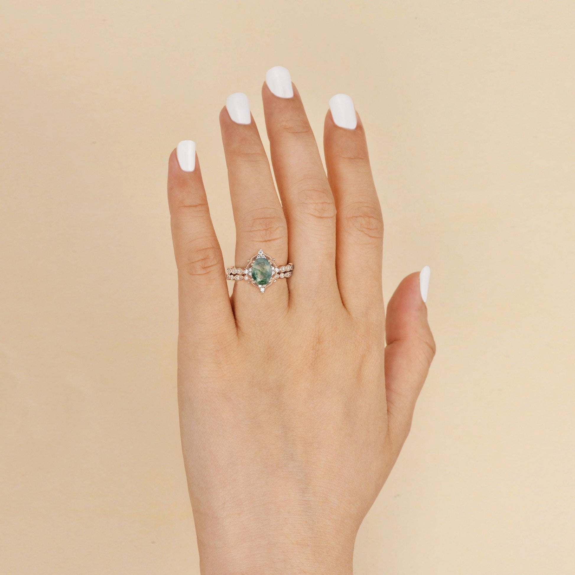 Nature Inspired Oval Cut Moss Agate Cluster Leafy Engagement Ring Set 2pcs