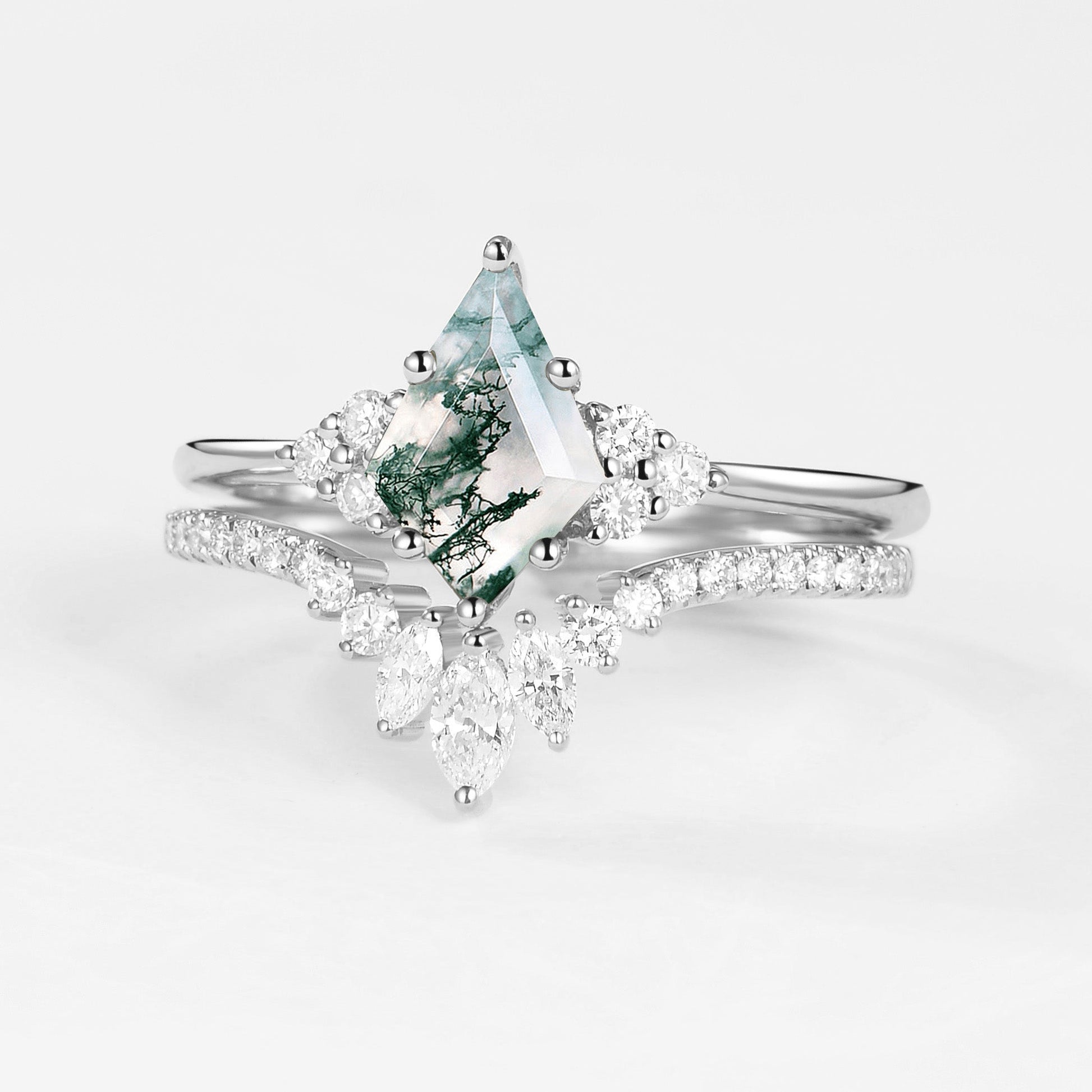 Unique Moss Agate Engagement Couple Ring Set 3pcs - Lydia