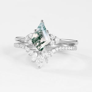 Unique Moss Agate Engagement Couple Ring Set 3pcs - Lydia