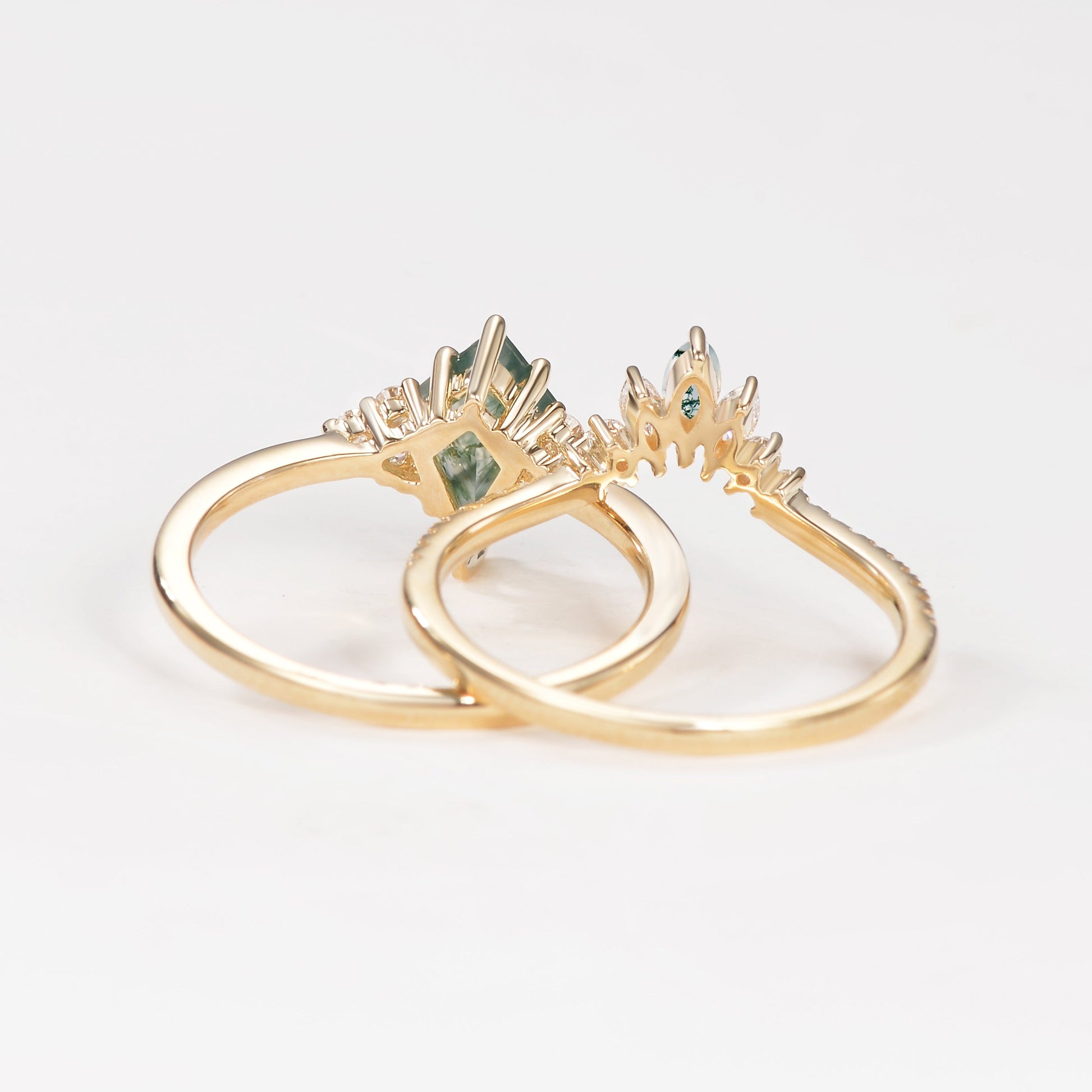 Unique Moss Agate Cluster Engagement Ring Set 2pcs - Lydia