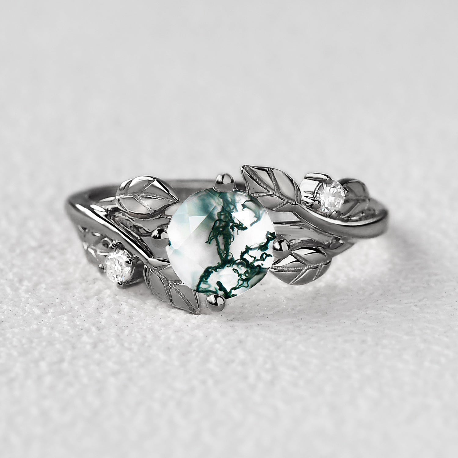 Black Gold Round Shaped Leaf Moss Agate Engagement Ring - Gardenia