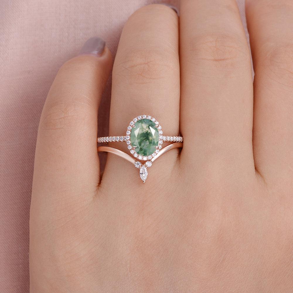 Oval Cut Moss Agate Halo Rose Gold Ring Set 2pcs