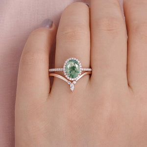 Oval Cut Moss Agate Halo Rose Gold Ring Set 2pcs