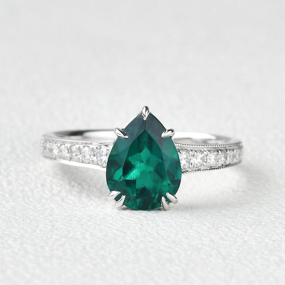 Classic 1.5CT Pear Shaped Lab Emerald White Gold Ring