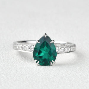 Classic 1.5CT Pear Shaped Lab Emerald White Gold Ring
