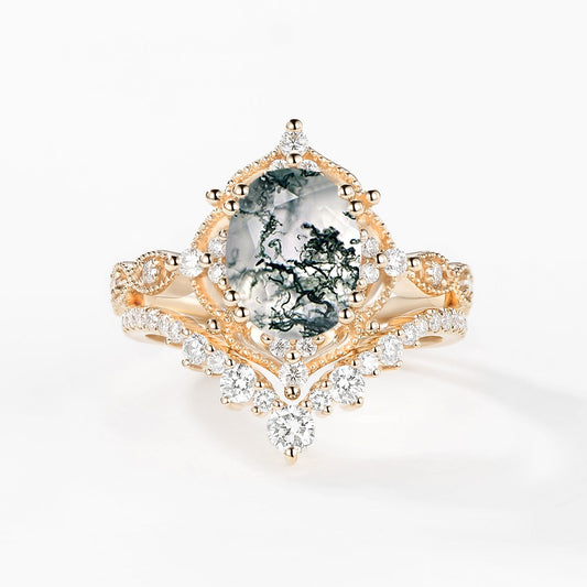 Charlotte 2.0CT Signature Vintage Moss Agate Big Ring Set 2pcs