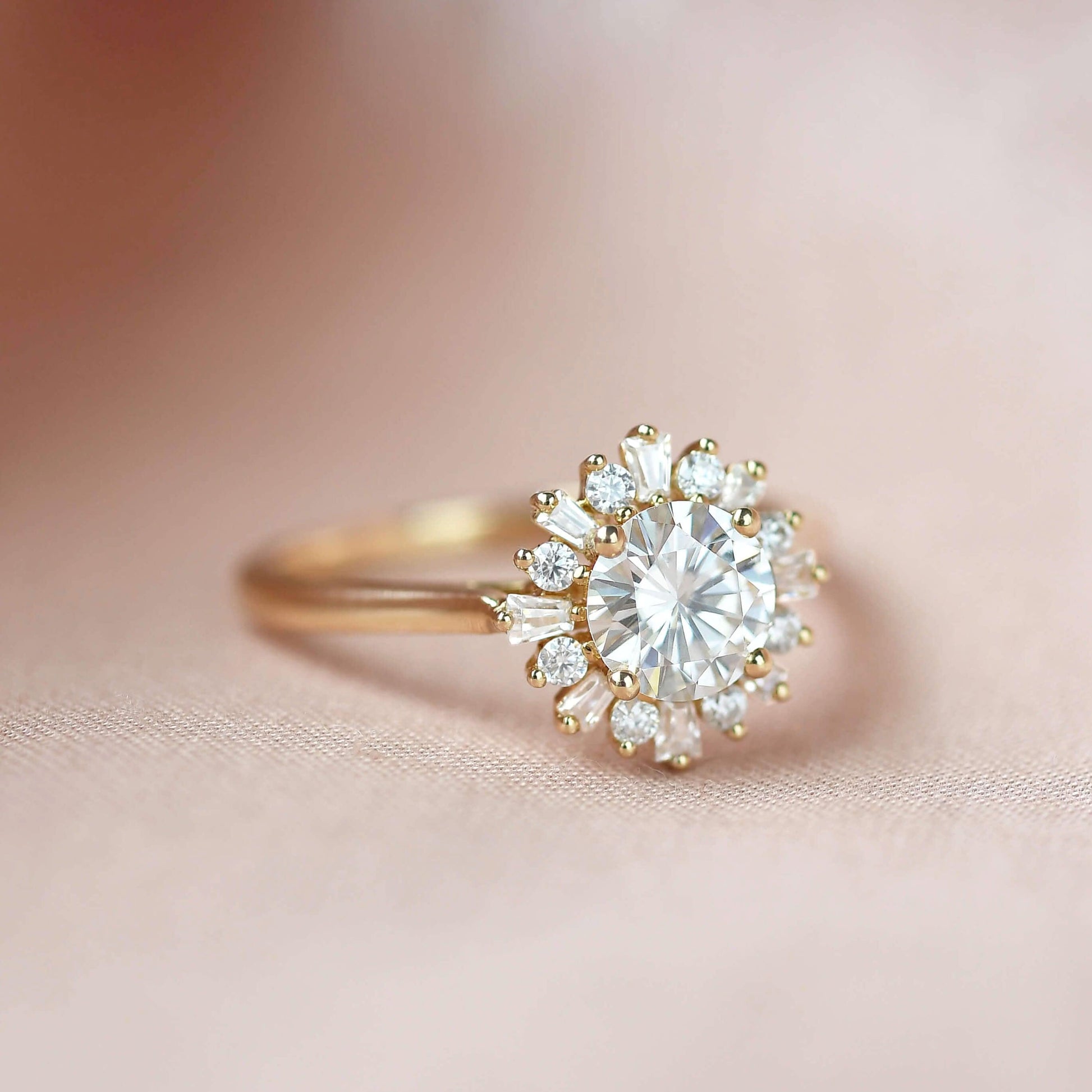 Sunflower Moissanite Halo Yellow Gold Inspired Ring