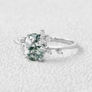 Oval Shaped Moss Agate Leaf Engagement Ring