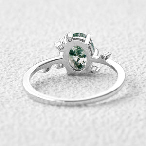 Oval Shaped Moss Agate Leaf Engagement Ring