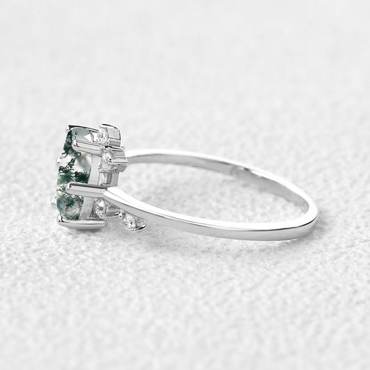Oval Shaped Moss Agate Leaf Engagement Ring