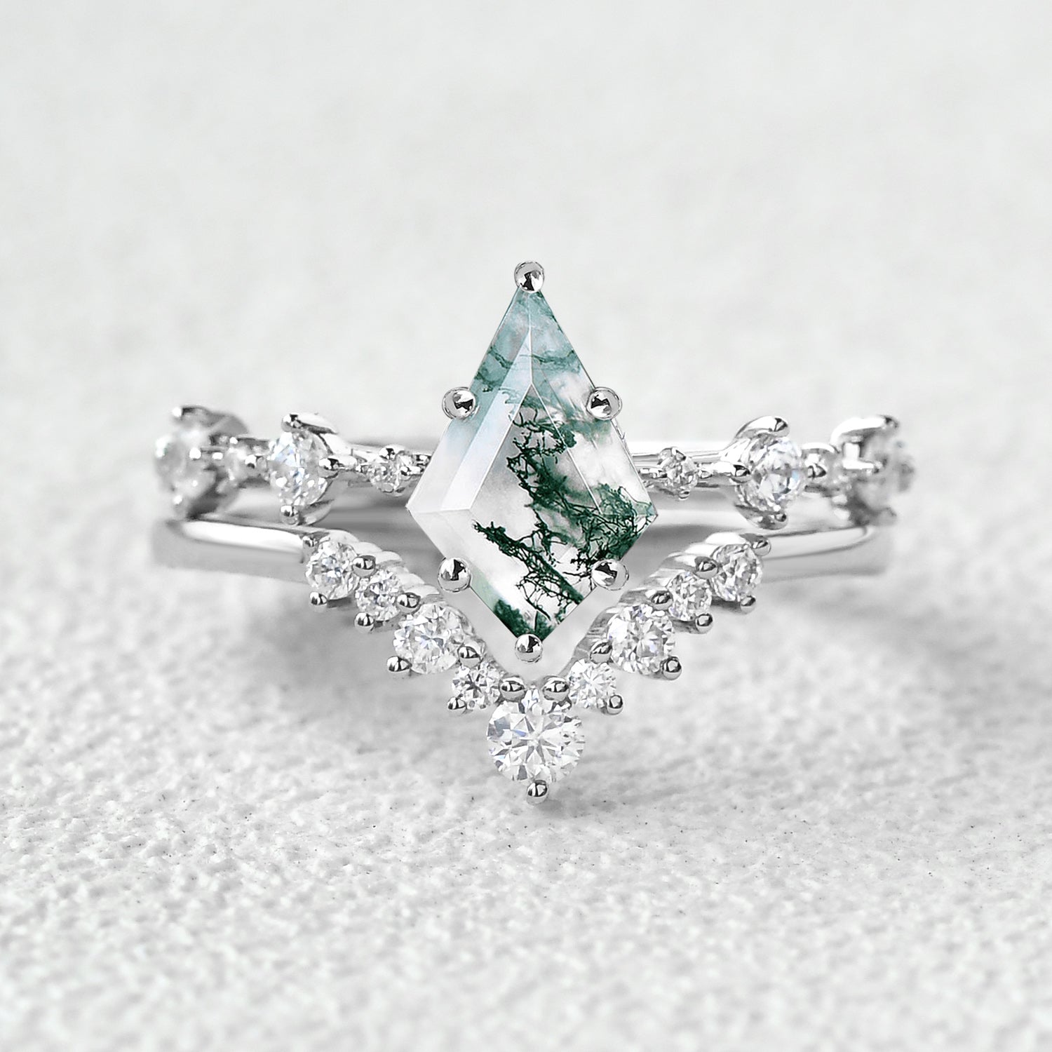 Green Moss Agate Kite Engagement Ring Sets 2pcs