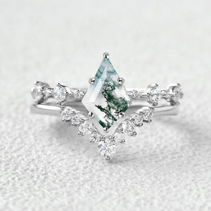 Green Moss Agate Kite Engagement Ring Sets 2pcs