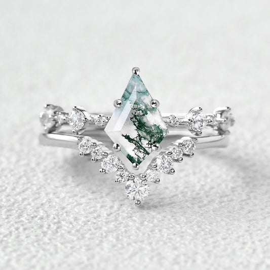 Green Moss Agate Kite Engagement Ring Sets 2pcs