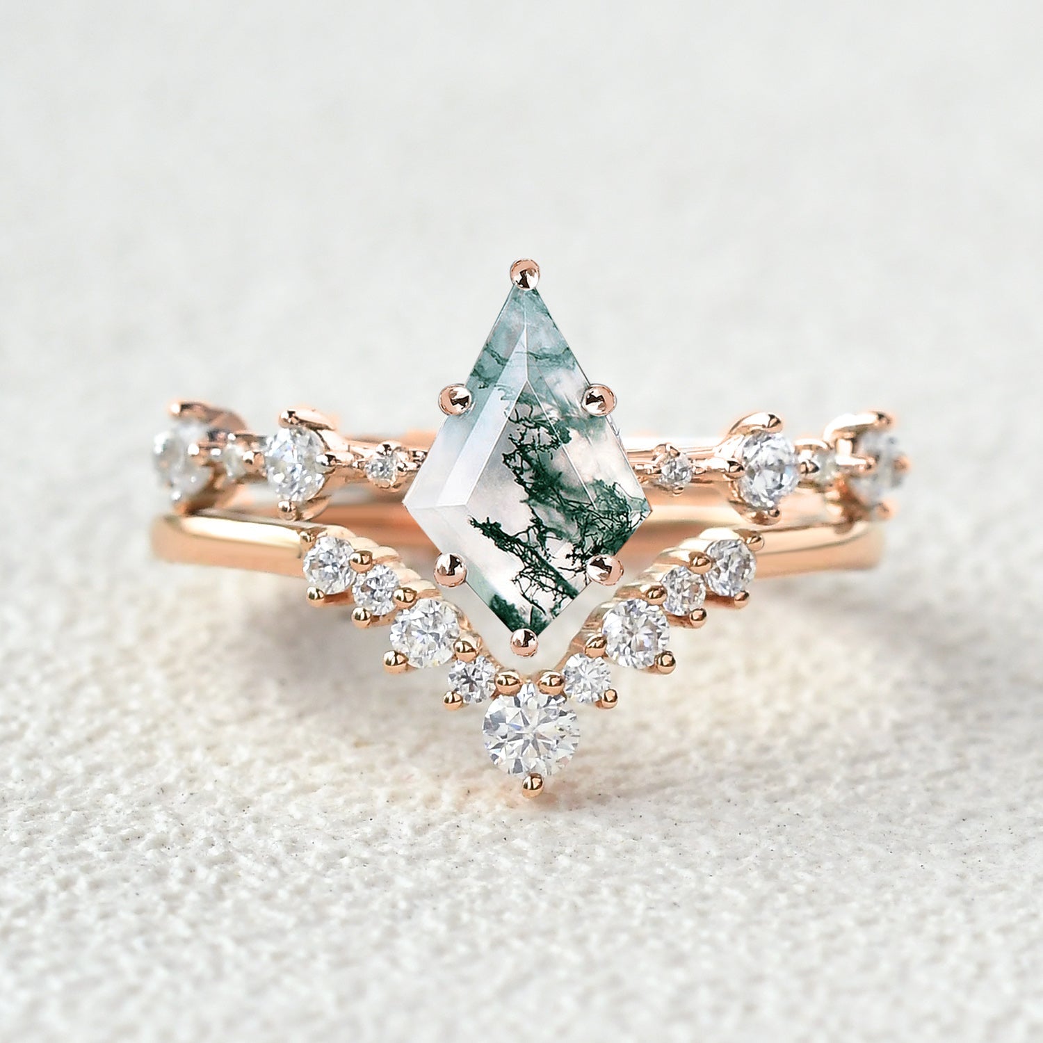 Green Moss Agate Kite Engagement Ring Sets 2pcs