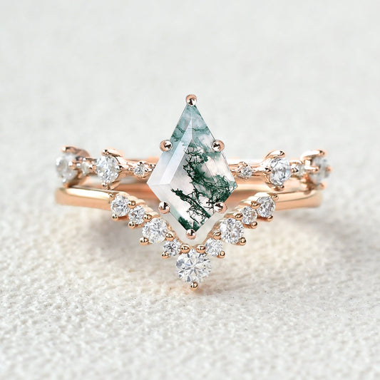 Green Moss Agate Kite Engagement Ring Sets 2pcs