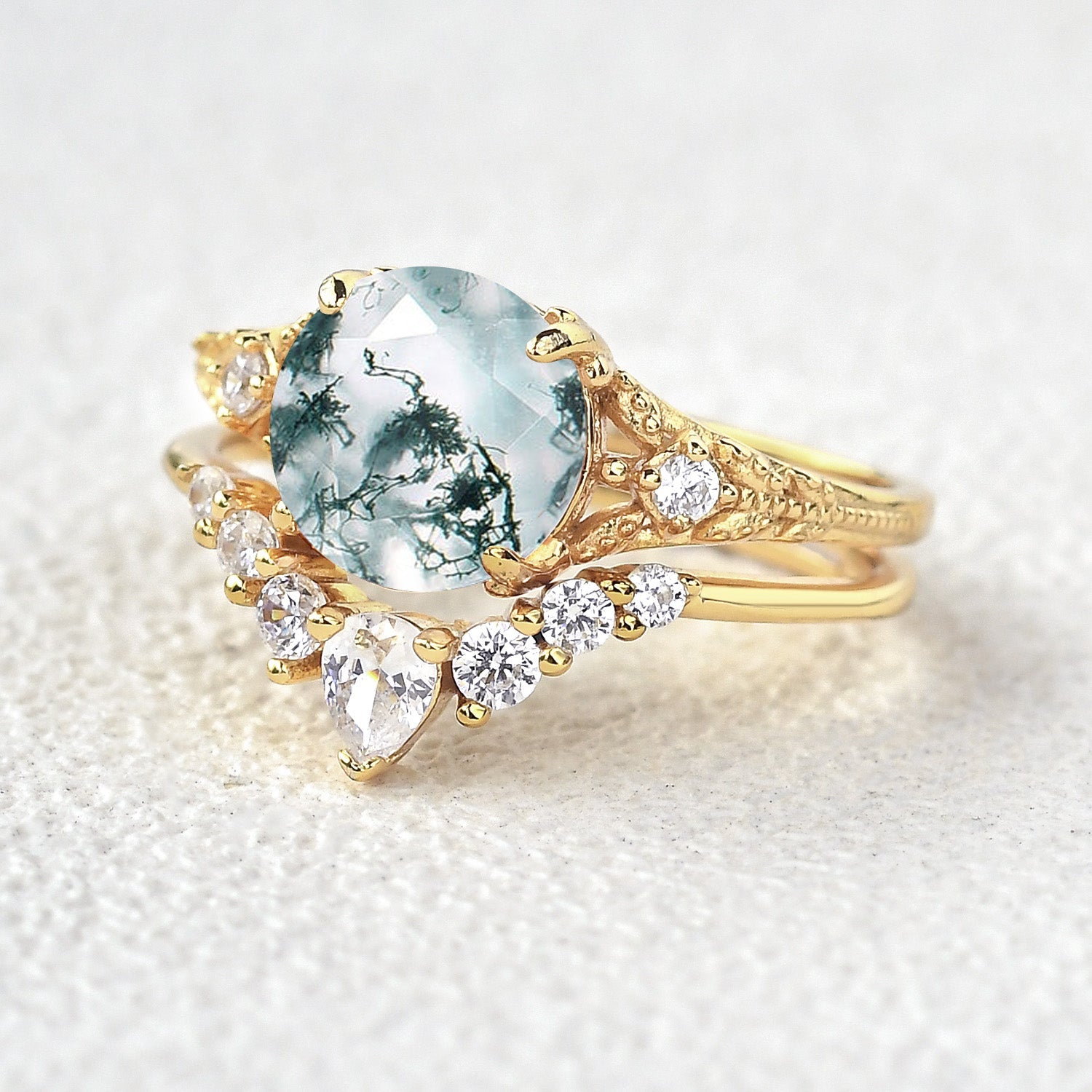 Round Moss Agate Engagement Ring Sets 2pcs