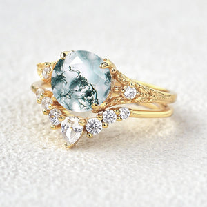 Round Moss Agate Engagement Ring Sets 2pcs