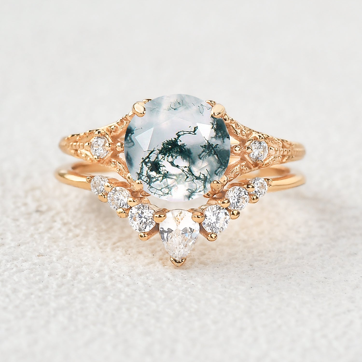 Round Moss Agate Engagement Ring Sets 2pcs