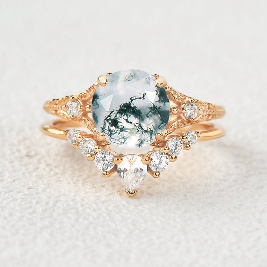 Round Moss Agate Engagement Ring Sets 2pcs