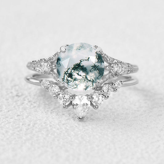 Round Moss Agate Engagement Ring Sets 2pcs
