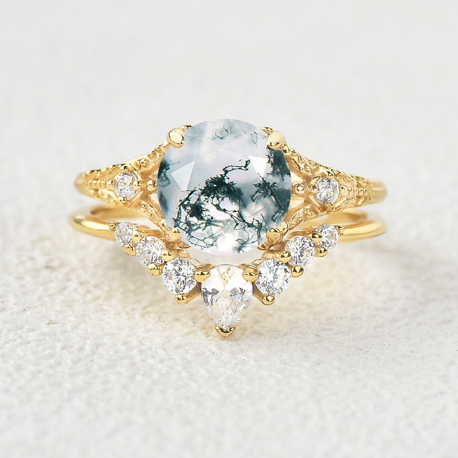 Round Moss Agate Engagement Ring Sets 2pcs