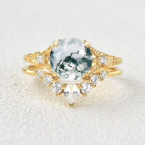 Round Moss Agate Engagement Ring Sets 2pcs