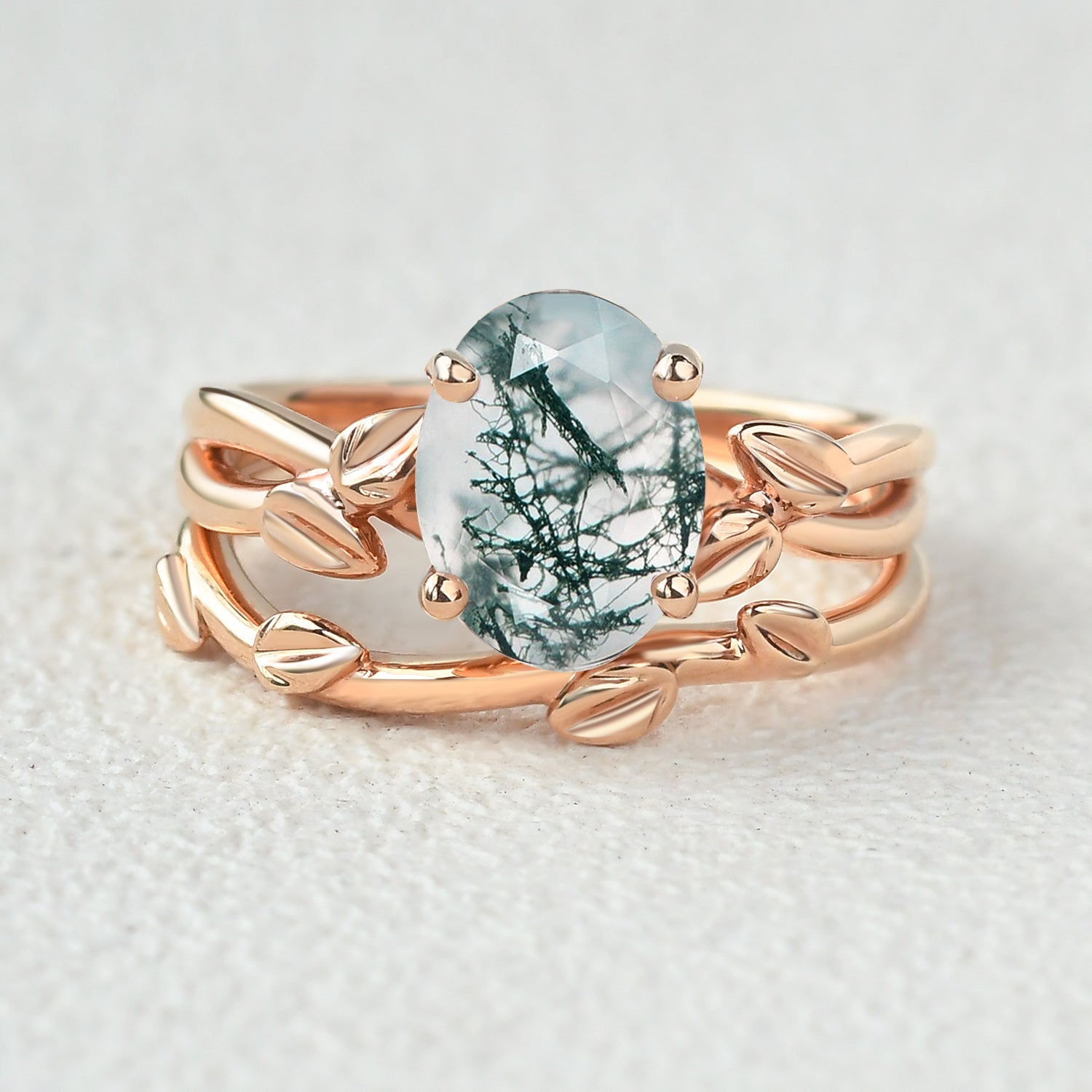 Twisted Leaf Oval Moss Agate Engagement Ring Sets 2pcs