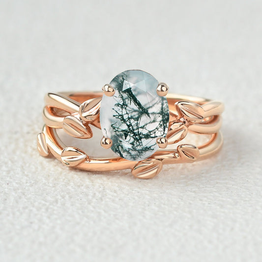 Twisted Leaf Oval Moss Agate Engagement Ring Sets 2pcs