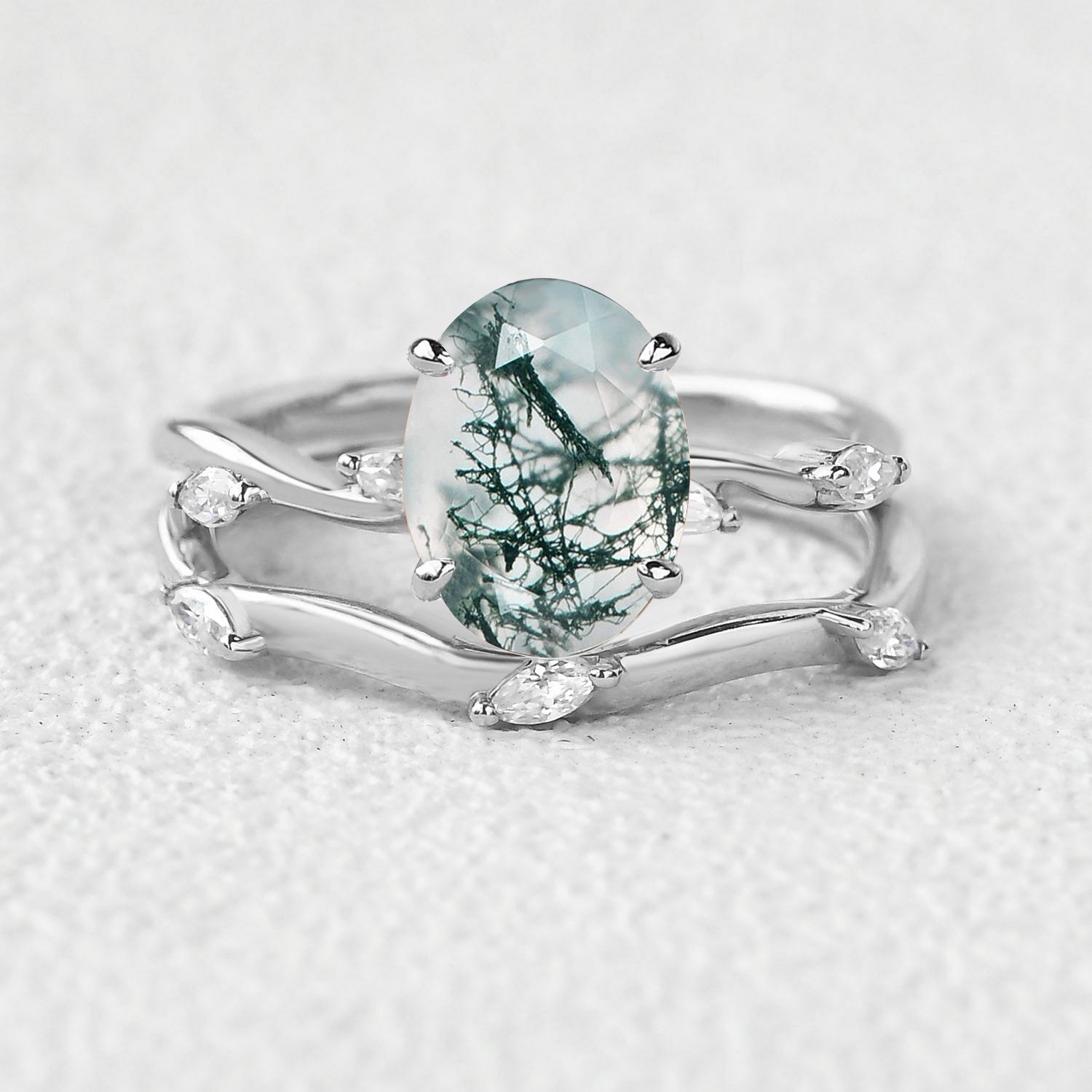 Leaf Marquise Oval Moss Agate Engagement Ring Sets 2pcs